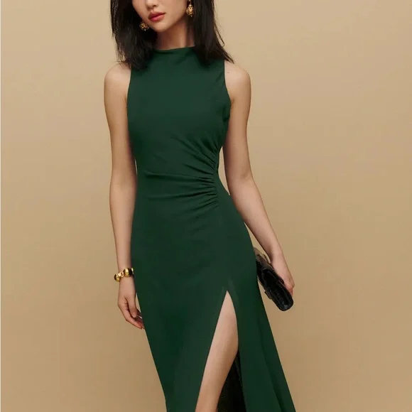 slim fit dress slacks Rent The Selia Green Linen Dress By Reformation